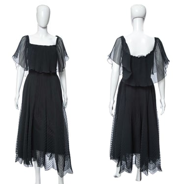 1980's Roland Klein Black Pleated Chiffon Dress Size S