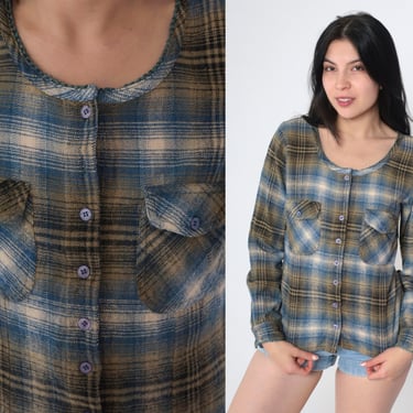 90s Plaid Blouse Olive Brown Blue Button Up Shirt Grunge Top Retro Utility Chest Pocket Long Sleeve Preppy Vintage 1990s Cotton Small S 