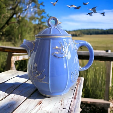 Vintage Hall China Birdcage Teapot Cadet Blue Gold Decorated 6 Cup #589 RARE 