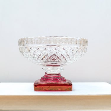Petite Footed Compote, Vintage Clear Pressed Glass Bowl with Red Glass Pedestal, Small Apothecary Dish for Candy, Nuts, Trinkets or Jewelry 