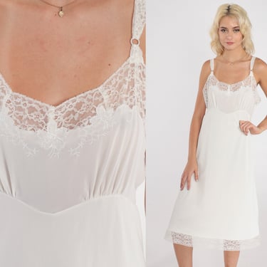White Slip Dress 70s Lace Trim Lingerie Nightgown Midi Full Slip Empire Waist Adjustable Spaghetti Strap Nylon Bridal Vintage 1970s Medium M 