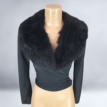 VINTAGE 70s Fur Collar Disco Wrap Blouse or Jacket by Alfred Werber | 1970s Rabbit Fur Collar Black Cardigan Top | VFG 