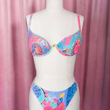 Vintage 80s Jantzen Colorful Neon Seashell Print High Cut Bikini Swimsuit 