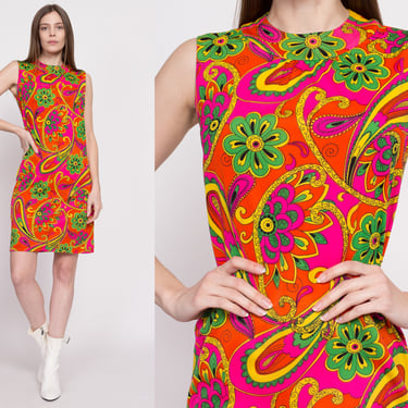 60s 70s Psychedelic Floral Shift Dress - Small | Vintage Sleeveless Colorful Flower Power Mini Dress 