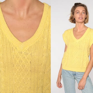 Yellow Knit Top Cable Knit Sweater Shirt 80s Cap Sleeve Short Sleeve Sweater Bohemian 1980s Slouchy Boho V Neck Small S 