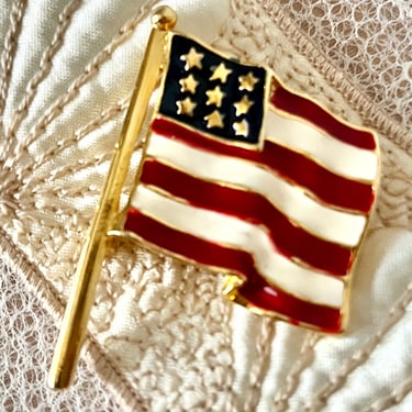 American Flag Brooch, Enamel Red White and Blue, Vintage Stars and Stripes Pin, USA 