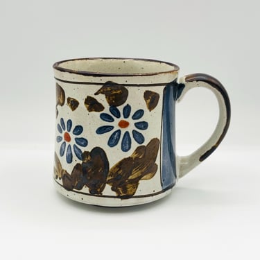 Rare Vintage Stoneware Speckled Deep Blue Grey and Brown Floral Otagari Mug with Handle by LeChalet