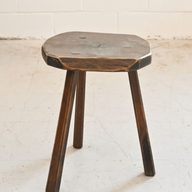 midcentury brutalist hand carved wood stool, tripod