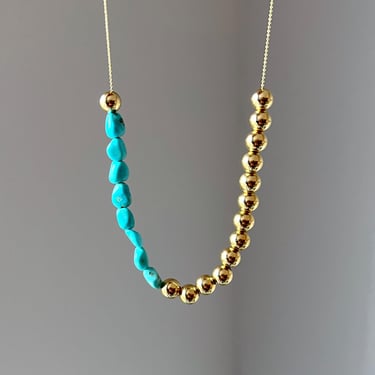 Gold and Turquoise Beaded Chain Necklace Asymmetric Necklace 