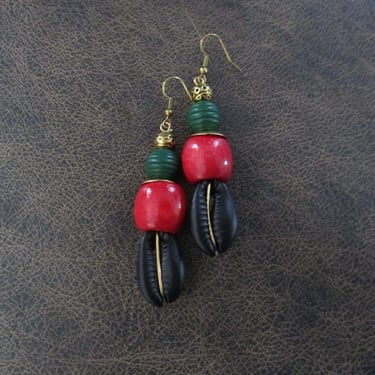 Cowrie shell earrings, red, black and green earrings 