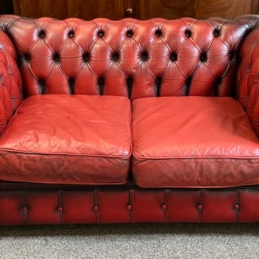 Item #DA4 Vintage Oxblood Red Leather Chesterfield Two Seat Sofa