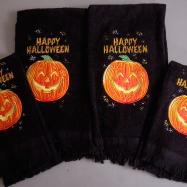 Vintage 80s Halloween Towels (Lot of 4) Black Jack O' Lanterns 