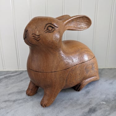 Antique 1940s French Handcarved Wooden Rabbit Container 