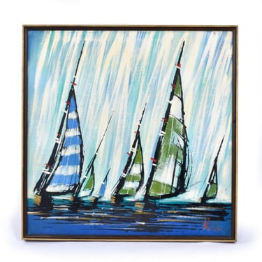 Mid-Century Modern Green and Blue Nautical Sailboat Painting by Michel 