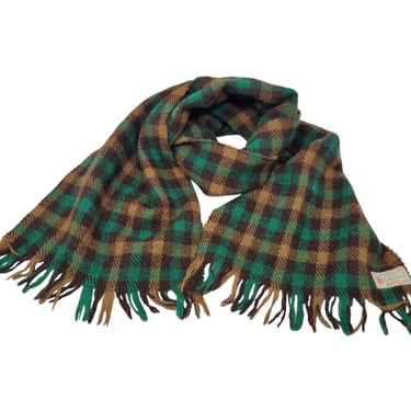 VINTAGE Scarf Shetland Wool Woven Scotland 54" X 10" Green Brown Tartan Fringe 