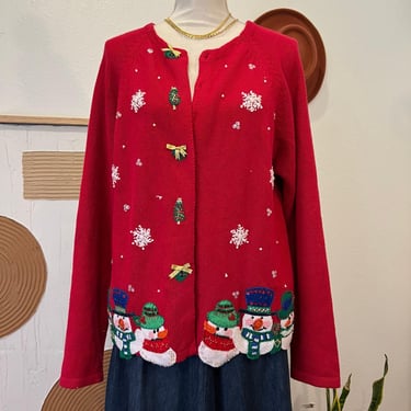 Heirlooms Christmas Holiday Vintage Red Cotton Knit Embroidered Cardigan Sweater 