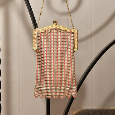 Whiting & Davis Gold-Toned and Pastel Enamel Mesh Purse, Antique Art Deco Mesh Hand Purse, Whiting and Davis Co 