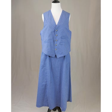 Vintage Lady's Skirt and Man's Waistcoat Set for Costume - Light Blue w/ White Flocked Polka Dots - 24 waist skirt, 42 chest vest 