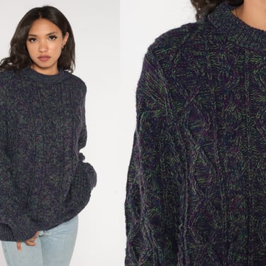 Space Dye Sweater 90s Cable Knit Sweater Retro Purple Green Flecked Knit Jumper Basic Grunge Pullover Crewneck Vintage 1990s Extra Large xl 