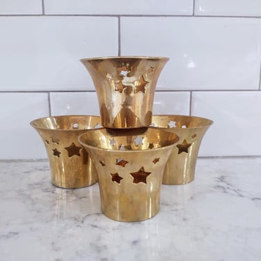 Vintage Brass Candle Votive with Etched Stars Set of 4 