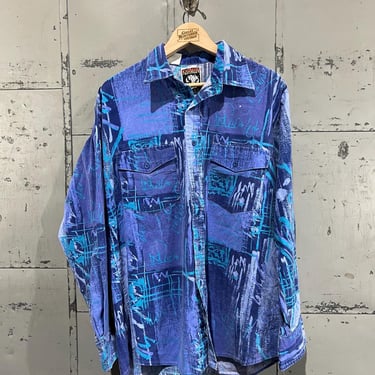 L 90s Karman Abstract funky Western Button Up blue and purple print large Brushpopper colorful wild 