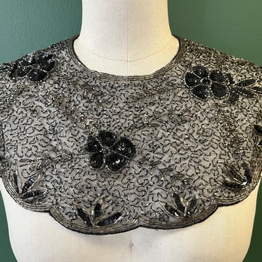 vintage floral beaded black flapper sequined art deco dress cape collar 