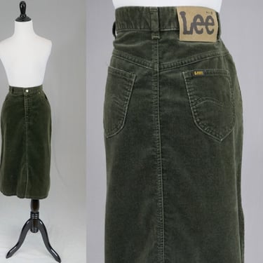 80s Soft Lee Skirt - 27 waist - Drab Green Brown Velveteen - Vintage 1980s 