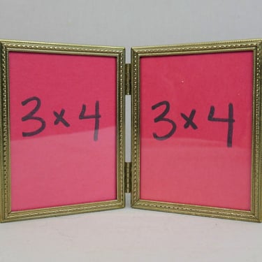 Vintage Hinged Double Picture Frame - Dark Gold Tone Metal w/ Glass - 3