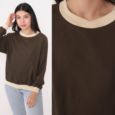 Brown Sweatshirt 80s Ringer Sweater Cream Trim Basic Plain Pullover Crewneck Sweater Solid Pocket Shirt Vintage 1980s Jayson Classics Medium 