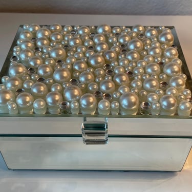 Mirrored Jewelry Trinket Box with Faux Pearl Jewels Lid Z Gallerie | Rectangle Mirrored Storage Box | Art Deco Jewel Box | Gift for Her 