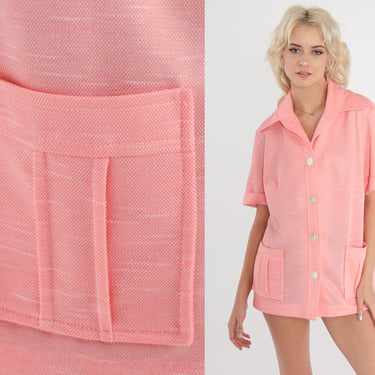 Pink Button Up Shirt 70s Blouse Dagger Collar Pocket Hippie Boho 1970s Shirt Disco Top Vintage Collared Plain Short Sleeve Large 