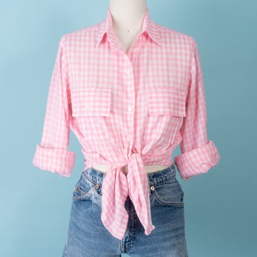 1950s Pink and White Gingham Paper-Thin Collared Button-Down Shirt 