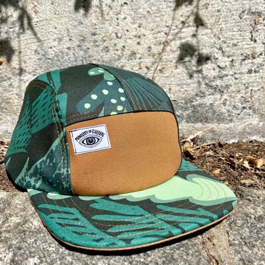Handmade 5 Panel Camp Hat, Baseball Cap, Moldable Brim five panel hat, Snap Back, 5panel hat, Tropical Leaf Print Neon Green, Gift for them 