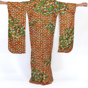 1970S Green  Orange Geometric Silk Kimono 