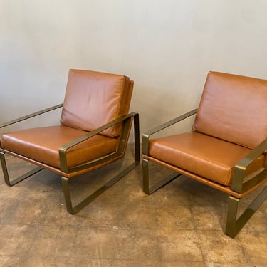 Vintage Italian Brass and Leather Armchairs, Pair