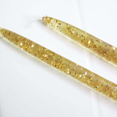 Vintage Gold Glitter Lucite Candle Pair - Fake Taper Candles Set of 2 - Mid Century Faux Tall Candles 