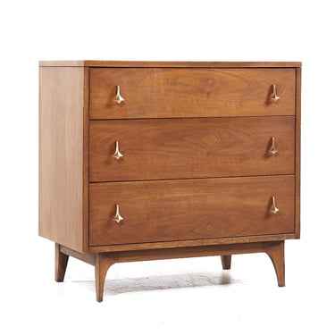 Broyhill Brasilia Mid Century Walnut and Brass 3 Drawer Lowboy Dresser - mcm 