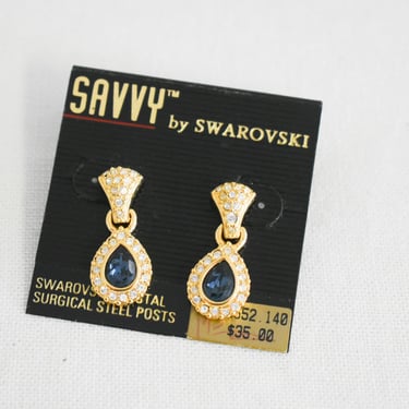 1980s NOS Swarovski Blue Teardrop Pierced Earrings 