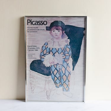 vintage French framed Picasso exhibition poster (“Paolo as Harlequin”)