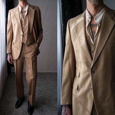 Vintage 70s Yves Saint Laurent Camel Tan Wool Gabardine Three Piece Flare Leg Suit | Made in France | 1970s YSL Designer Tailored Mens Suit 