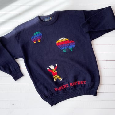 Rupert Bear sweater | 80s 90s vintage Tulchan navy blue wool hot air balloon children's book fairytale sweater 