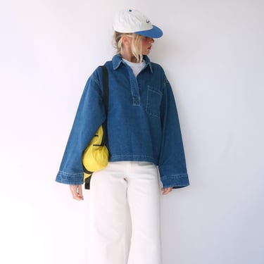 Vintage Medium Denim Lightweight Popover Tunic Shirt | Cotton Henley Pullover | Artist Studio Top 