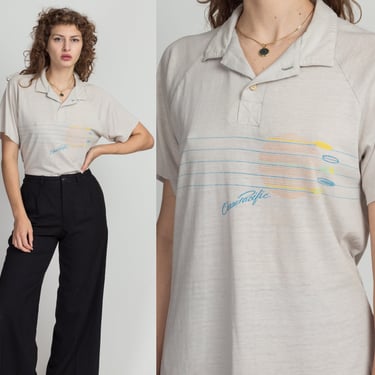 80s OP Ocean Pacific Polo Shirt - Men's Medium, Women's Large | Vintage Beige Short Sleeve Striped Sunset Surfer Top 