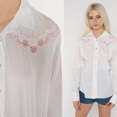 White Western Shirt 90s Floral Embroidered Pearl Snap Shirt Cowboy Blouse Button Up Top Boho Hippie Long Sleeve Vintage 1990s Medium 38 