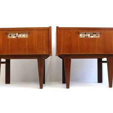 Couple/pair of Midcentury Modern Teak inlaid mosaic tiles scandinavian 60 Nightstands Bedside Table Aditional side table pair Danish retro 