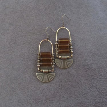 Ethnic bronze and yellow glass earrings 