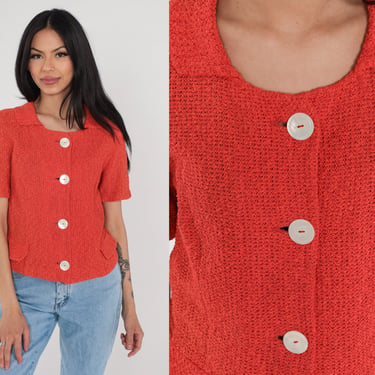 Red Blouse 90s Knit Sweater Top Short Sleeve Button up Blouse Collared Retro Preppy Boho Vintage 1990s Small S 