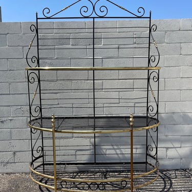 Antique French Baker's Rack Kitchen Storage Vintage Shelving Unit Wrought Iron Brass Farmhouse Cottage Country French Entry Way Display Case 