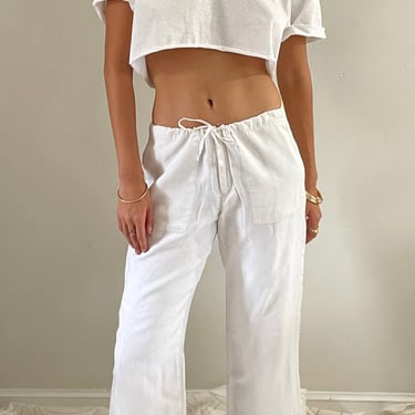 90s linen pants / vintage white Irish linen high waisted drawstring easy beach lounge cotton lined linen pants | Medium 