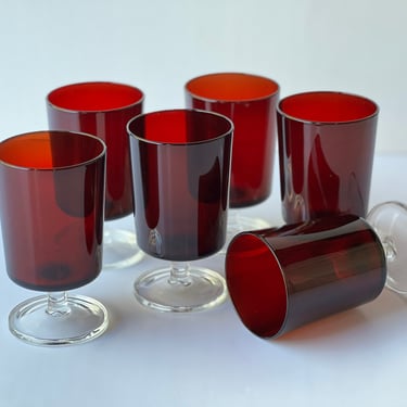 Set of 6 Vintage Wine Glasses Cavalier Ruby Red Tubular Shape w Clear Stem by Arcoroc Luminarc France 